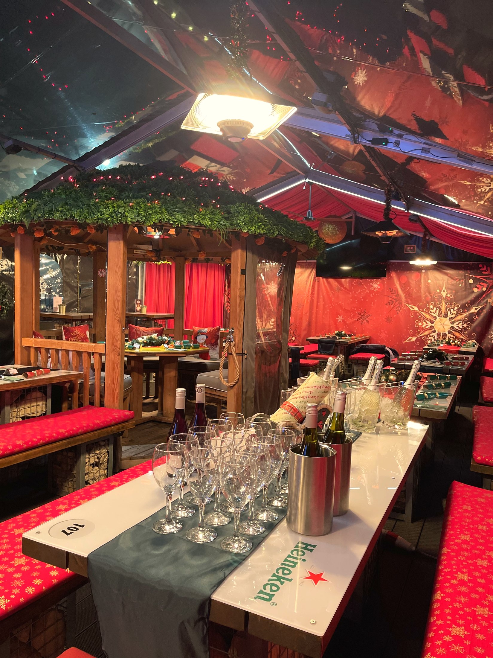 Festive tables set with glasses