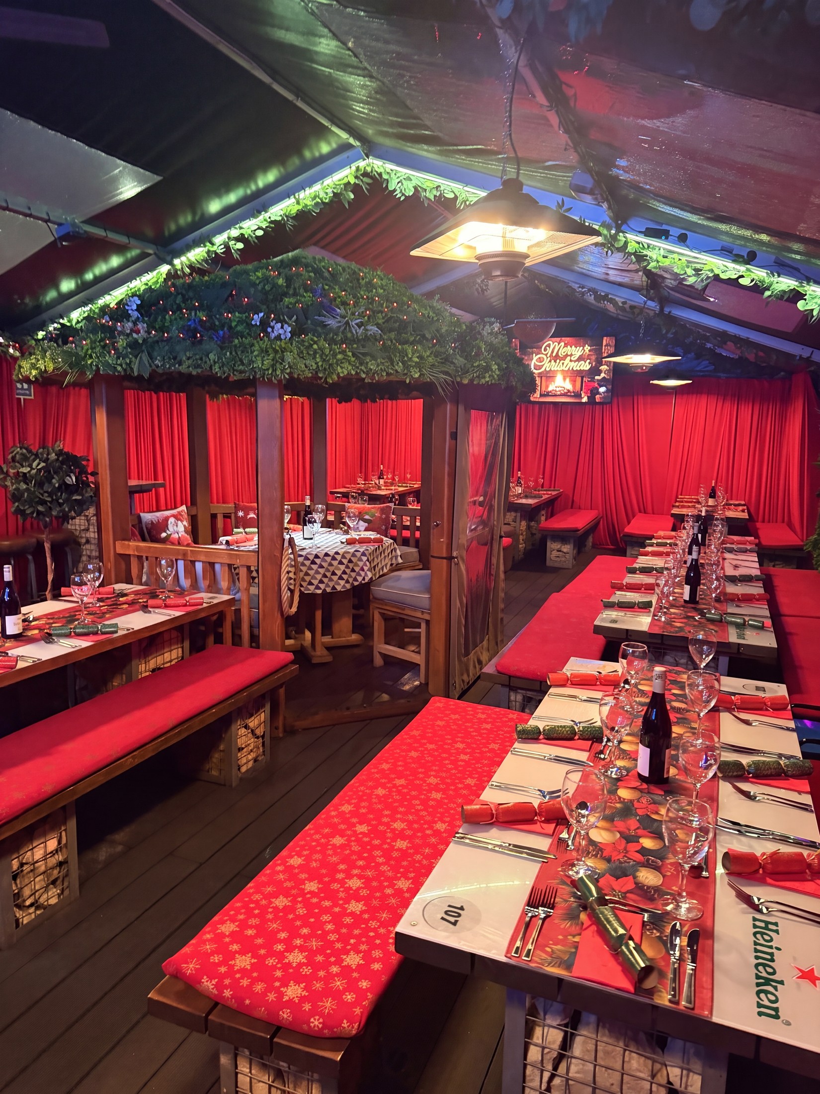 Fizzy Moon's heated garden marquee dressed for Christmas